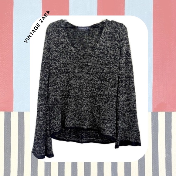 Zara black & silver metallic v-neck long bell sleeve knit sweater - Picture 2 of 15